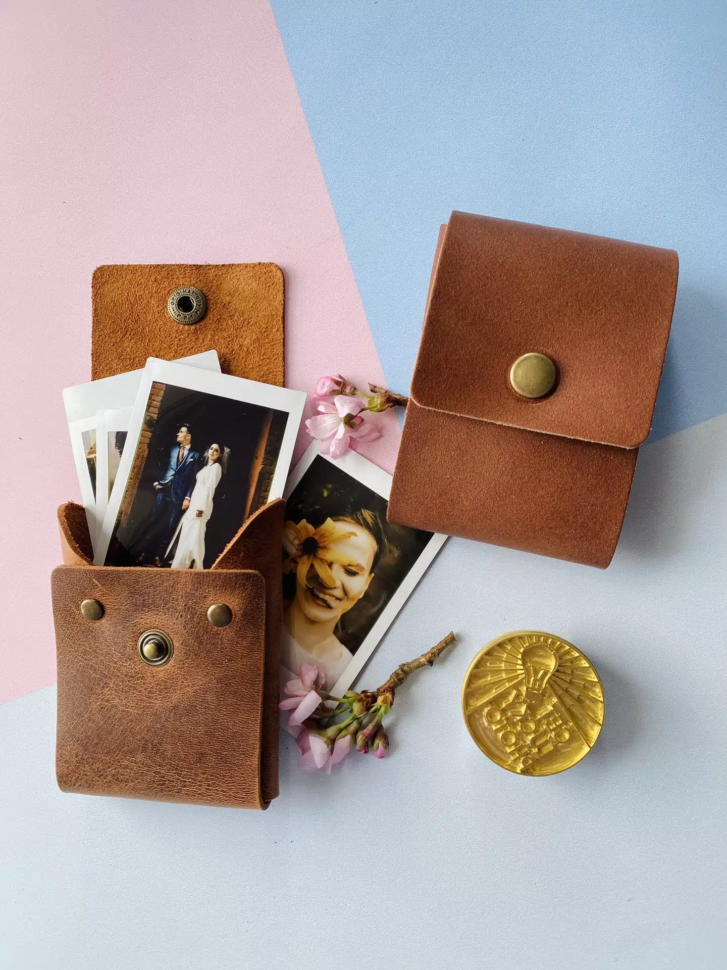 Instax Leather | button closing | size Instax Mini | 8.6×5.4cm | 3.4×2.1″ | real leather envelope for instax prints | handmade polaroid pouch